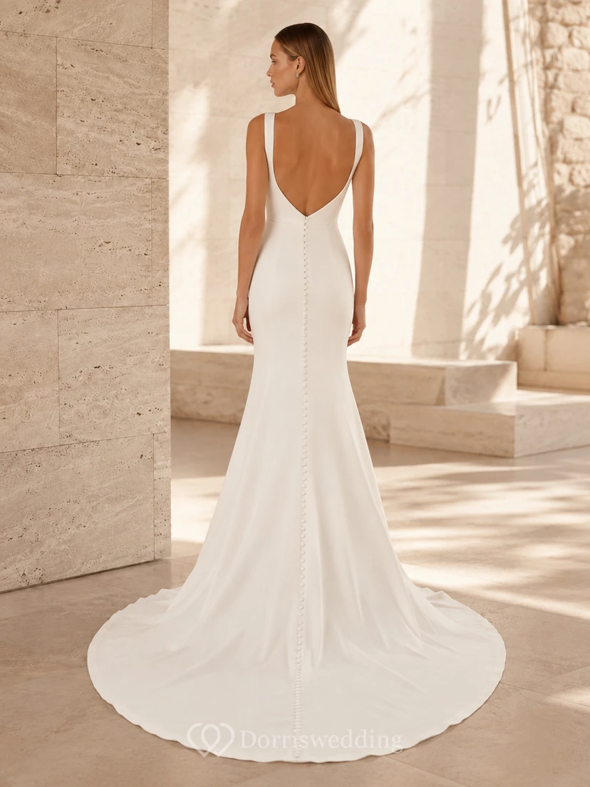 Robe de mariée minimaliste en satin, col carré, sans manches, fourreau et traîne, idéale pour une destination de mariage. view 2