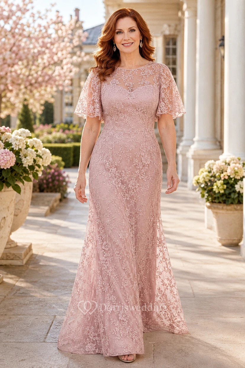 Blush Lace Sheath Mother Dress and Flutter Sleeves