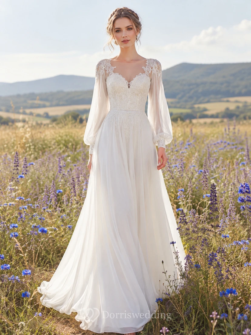 Brautkleid mit Illusion-Spitze, langen Ärmeln und A-Linien-Design