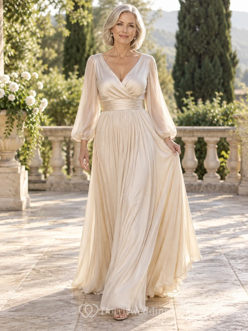 Older Brides Long Sleeve V-Neck Ruched Chiffon A-Line Floor Length Wedding Dress