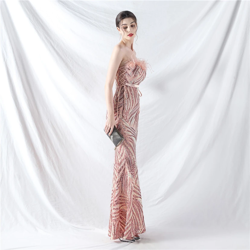 Double-Binding Rope-Binding Craft-Made Ostrich Feather Encrypted Laminated Beads High-End Evening Dress view 24