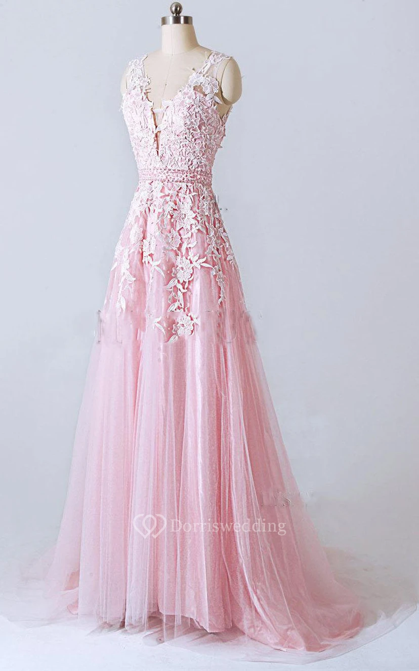 Robe trapèze en tulle et dentelle, col en V, ornée d'appliqués et dos nu en V view 13