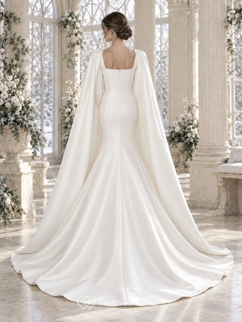 Mermaid Simple Long Sleeve Square Neck Winter Structured Satin Cape Wedding Dress view 2