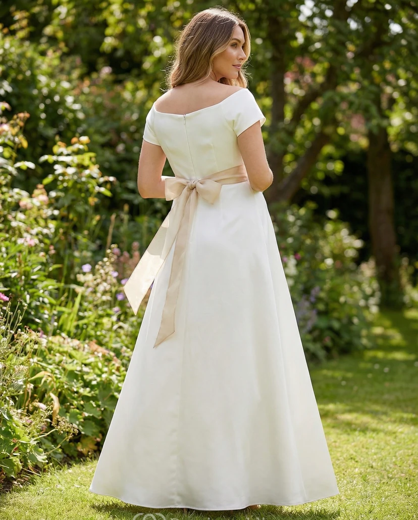 Simple White Satin Maternity Wedding Dress with Bateau Neck view 2