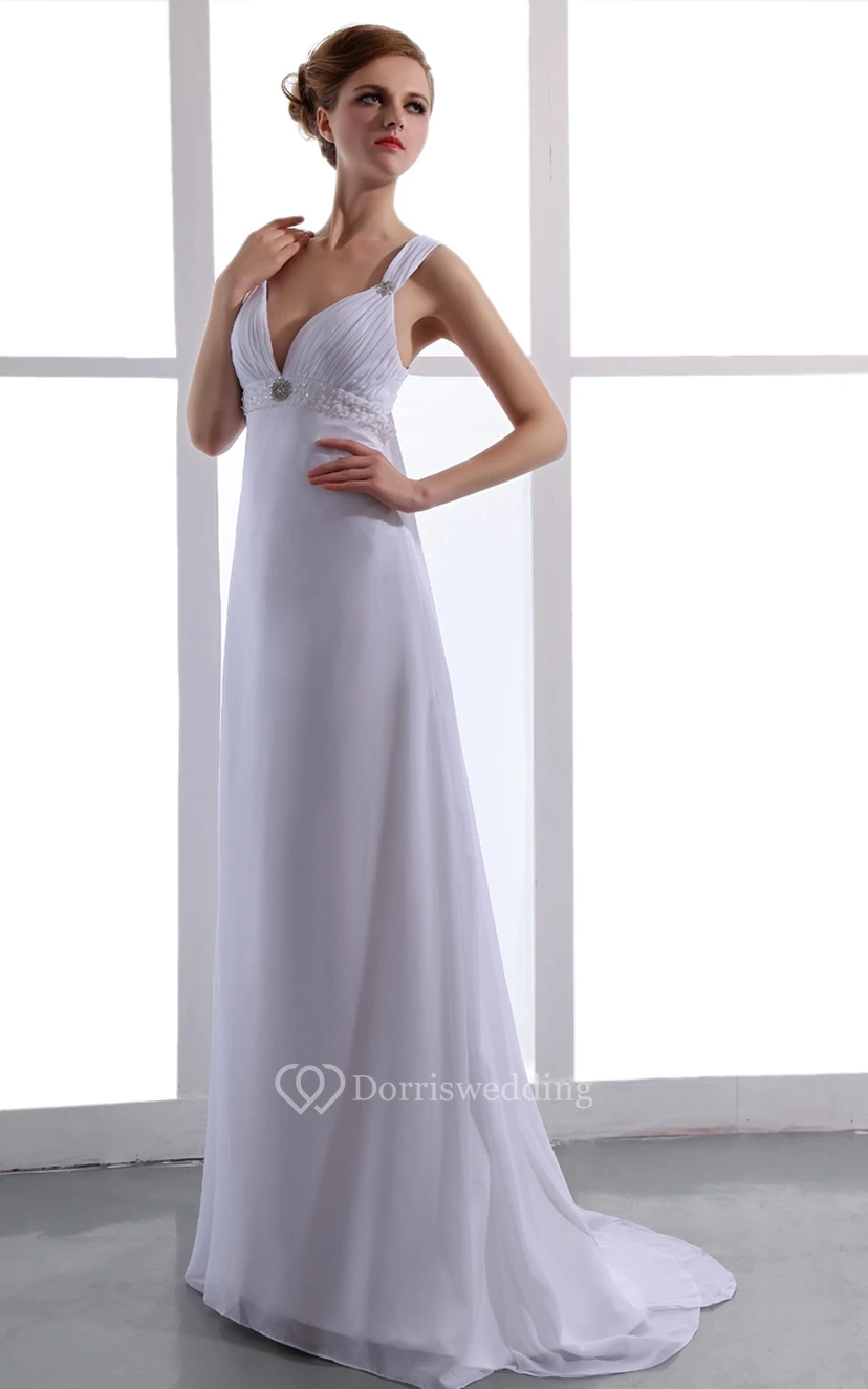 Deep V-Neck Chiffon Empire Dress With Ruching view 3