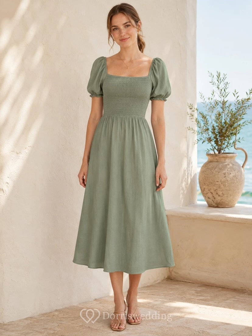 Dusty Green Chiffon Square Neck Short Sleeve A-line Midi Dress