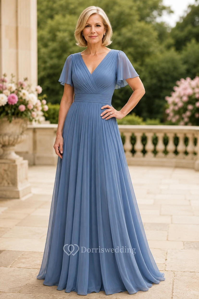 Stahlblaues, plissiertes Chiffon-A-Linien-Kleid für Mütter