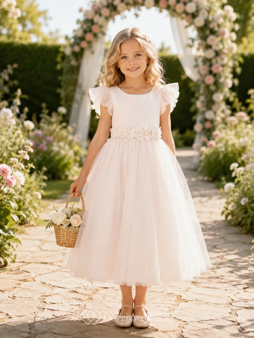 Blumenmädchenkleid aus rosafarbenem Tüll, A-Linie, Rundhalsausschnitt, Teelänge, mit Schärpendetails