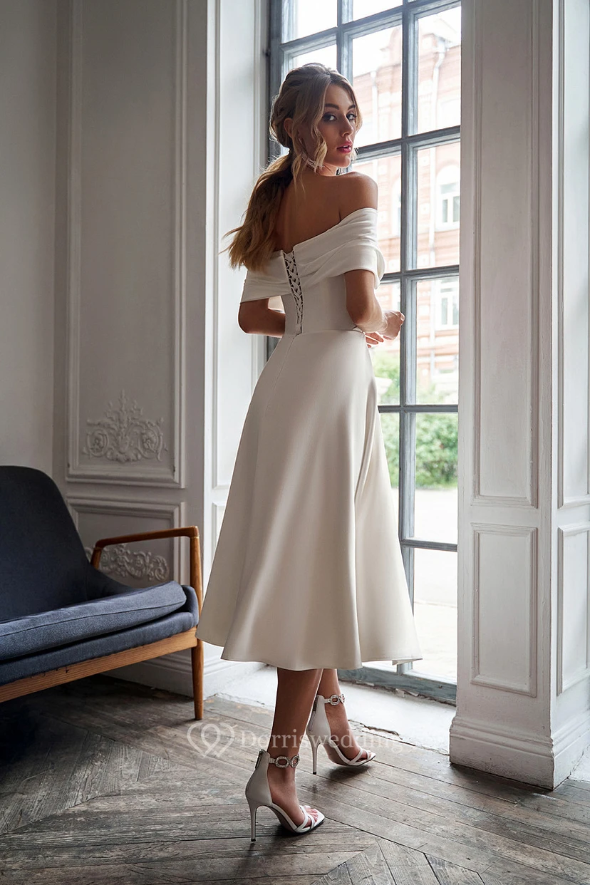 Off-the-shoulder Ruched Criss-cross Empire Tea-length Wedding Dress view 2