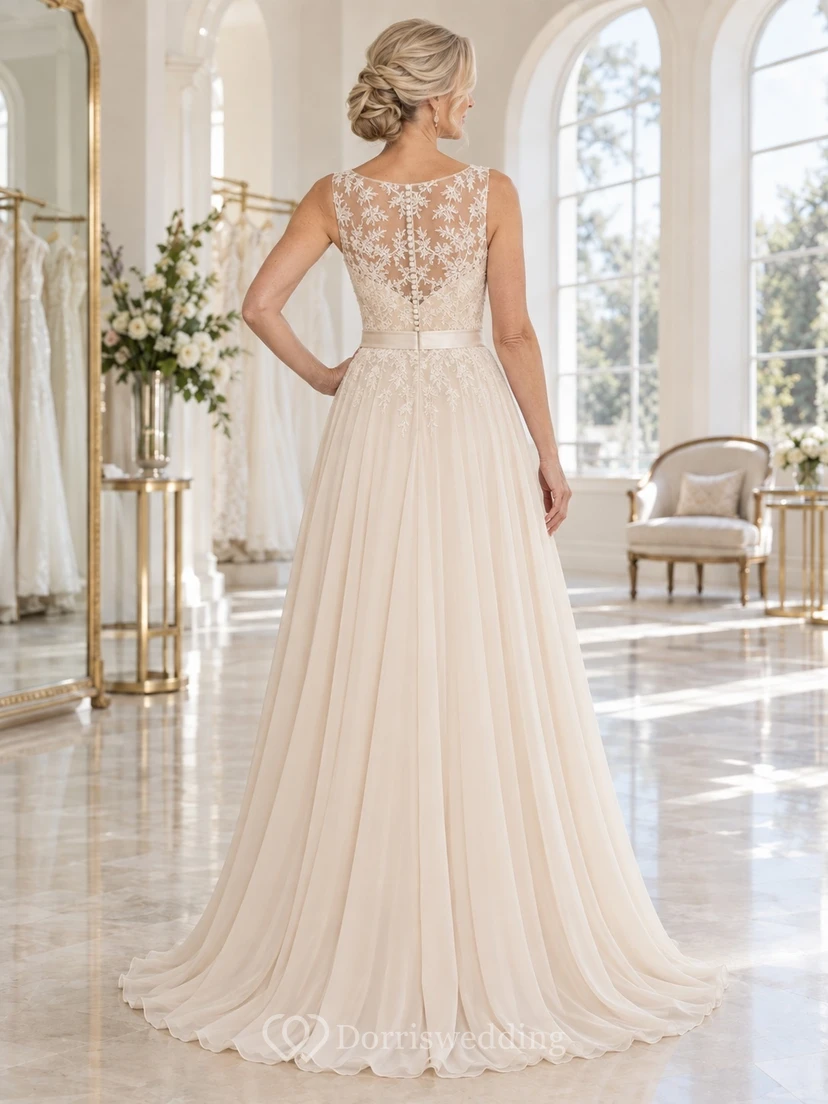Champagne Sleeveless Wedding Dress for Older Brides with Lace Bodice Satin Waist and Chiffon Train view 2