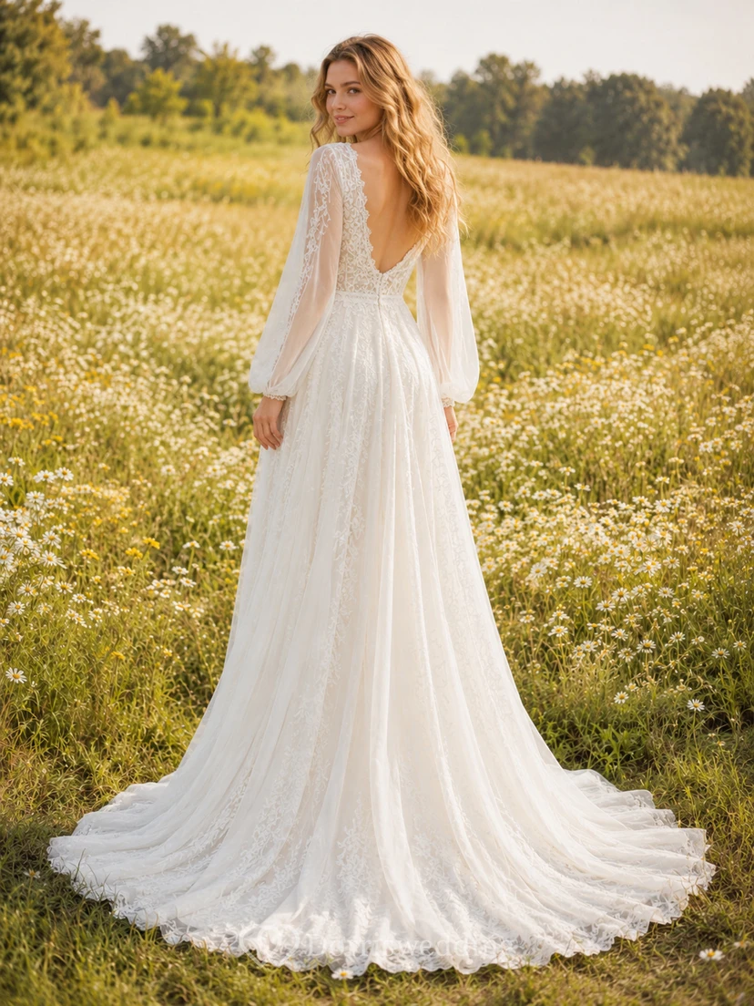 Long Bishop Sleeve Lace Boho Meadow Bridal Gown view 2