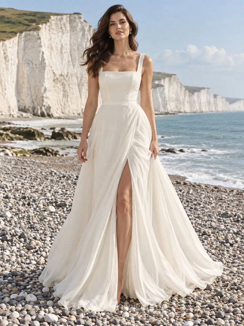 Vestido de novia sencillo de corte A, sin mangas, con escote cuadrado, de voile de algodón y cola larga.