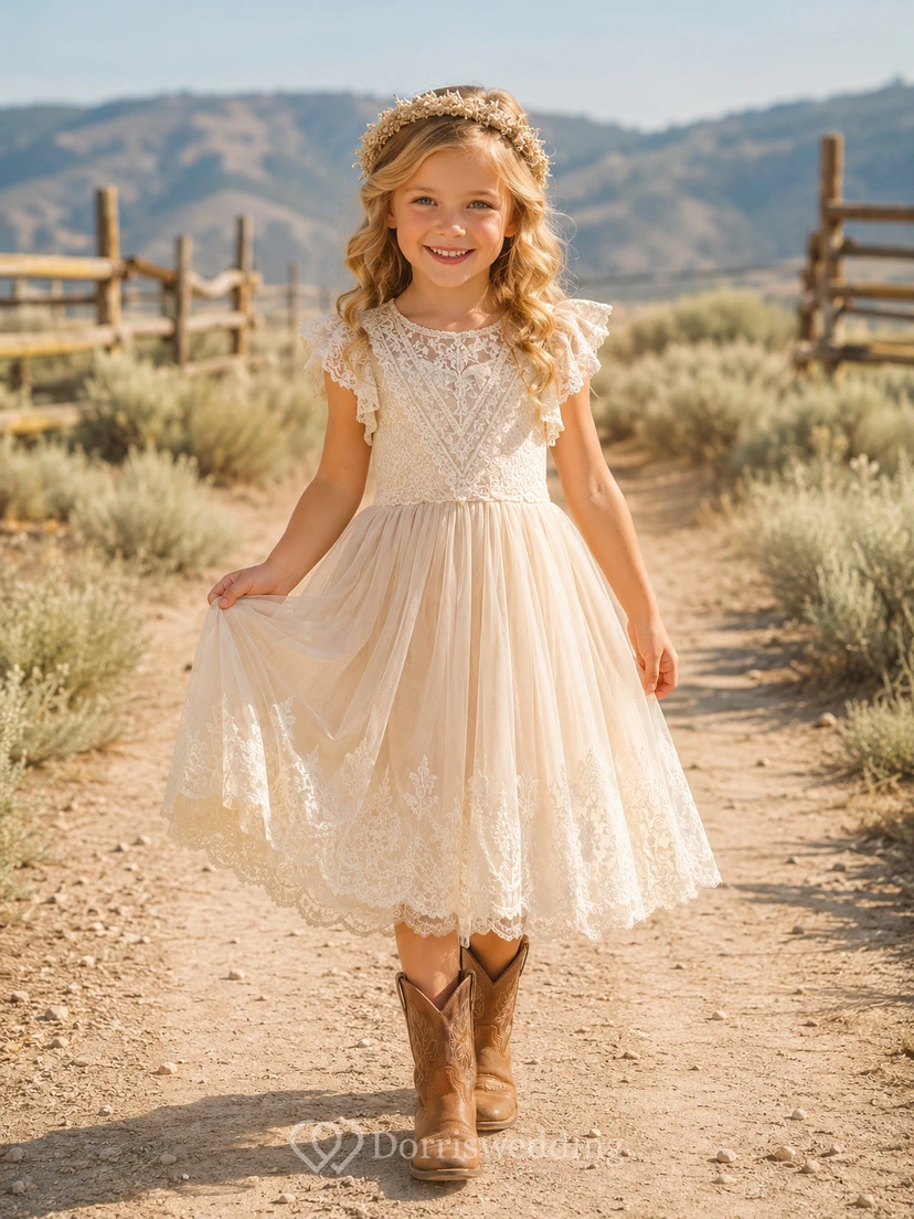 A-Line Flowergirl Floral Lace Tulle Tea-Length Cap Sleeve Western Wedding Dress