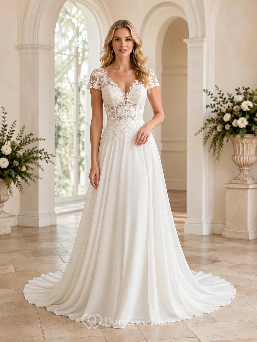 Robe de mariée élégante en dentelle et mousseline, longue jusqu'au sol, col en V, manches courtes et romantique.