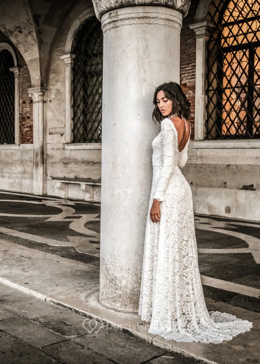 Long Sleeve Lace Boho Wedding Dress | Simple Ivory Bridal Gown view 2