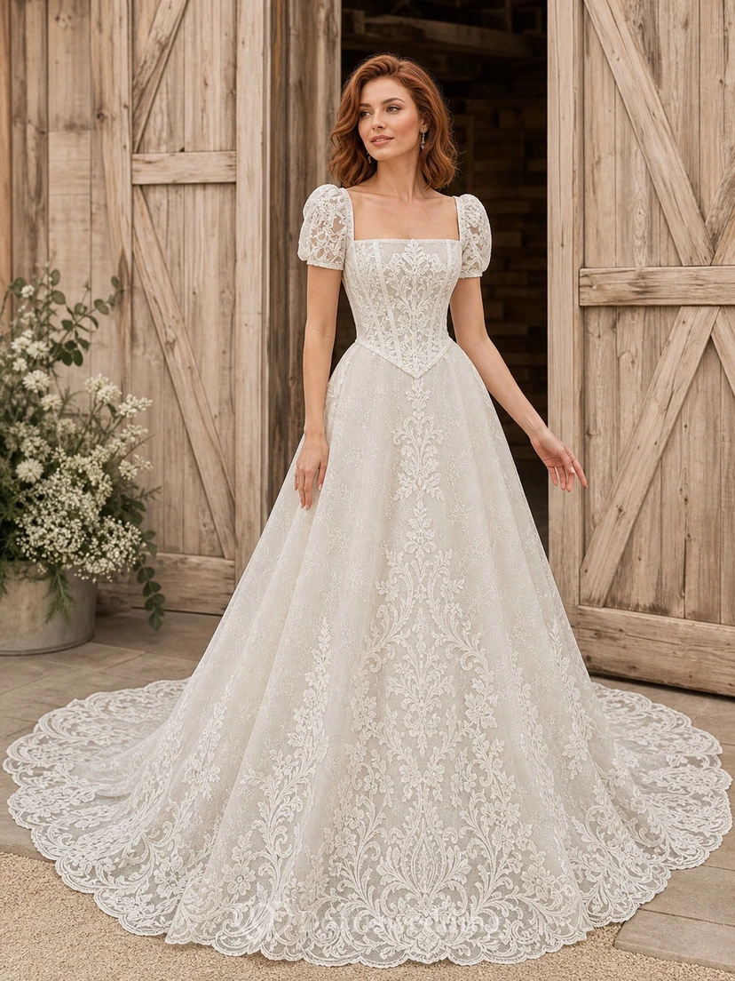 Vestido de novia vintage de corte A con mangas cortas, cuello cuadrado, corsé y encaje ornamentado con cola catedral.
