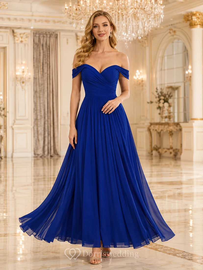 Royal Blue Off Shoulder Pleated Chiffon Gala Gown