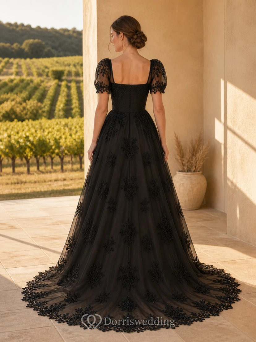Black Romantic Puff Applique A-Line Square Neck Short Sleeve Floor-length Evening Dress view 2