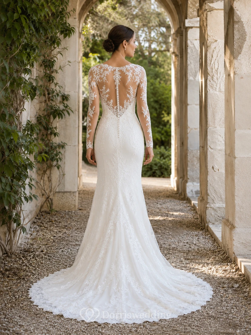Illusion Long Sleeve Lace Mermaid Manor Elopement Bridal Gown view 2