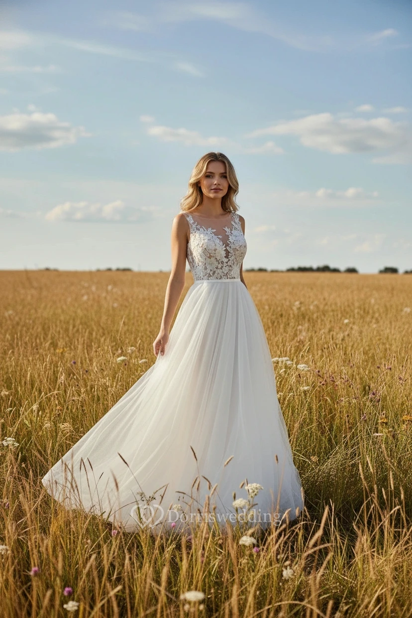 Robe de mariée champêtre sans manches en dentelle fourreau