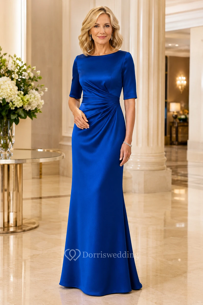 Königsblaues Satin-Mutterkleid mit halben Ärmeln und seitlicher Raffung
