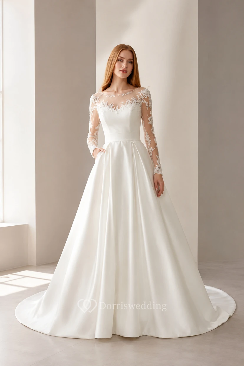 Wedding Ball Gown Satin Dress with Long Lace Sleeves and Chapel Train