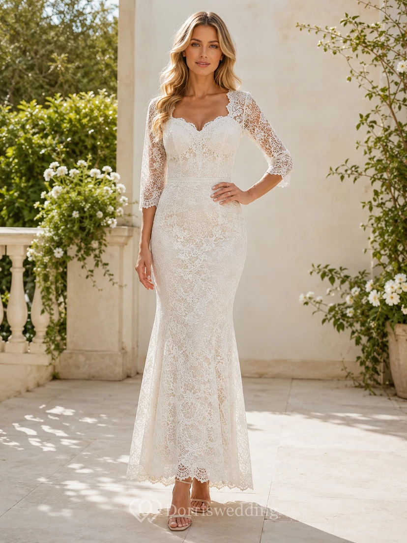 Robe de mariée civile romantique en dentelle, coupe sirène, manches trois-quarts illusion, décolleté cœur et longueur cheville