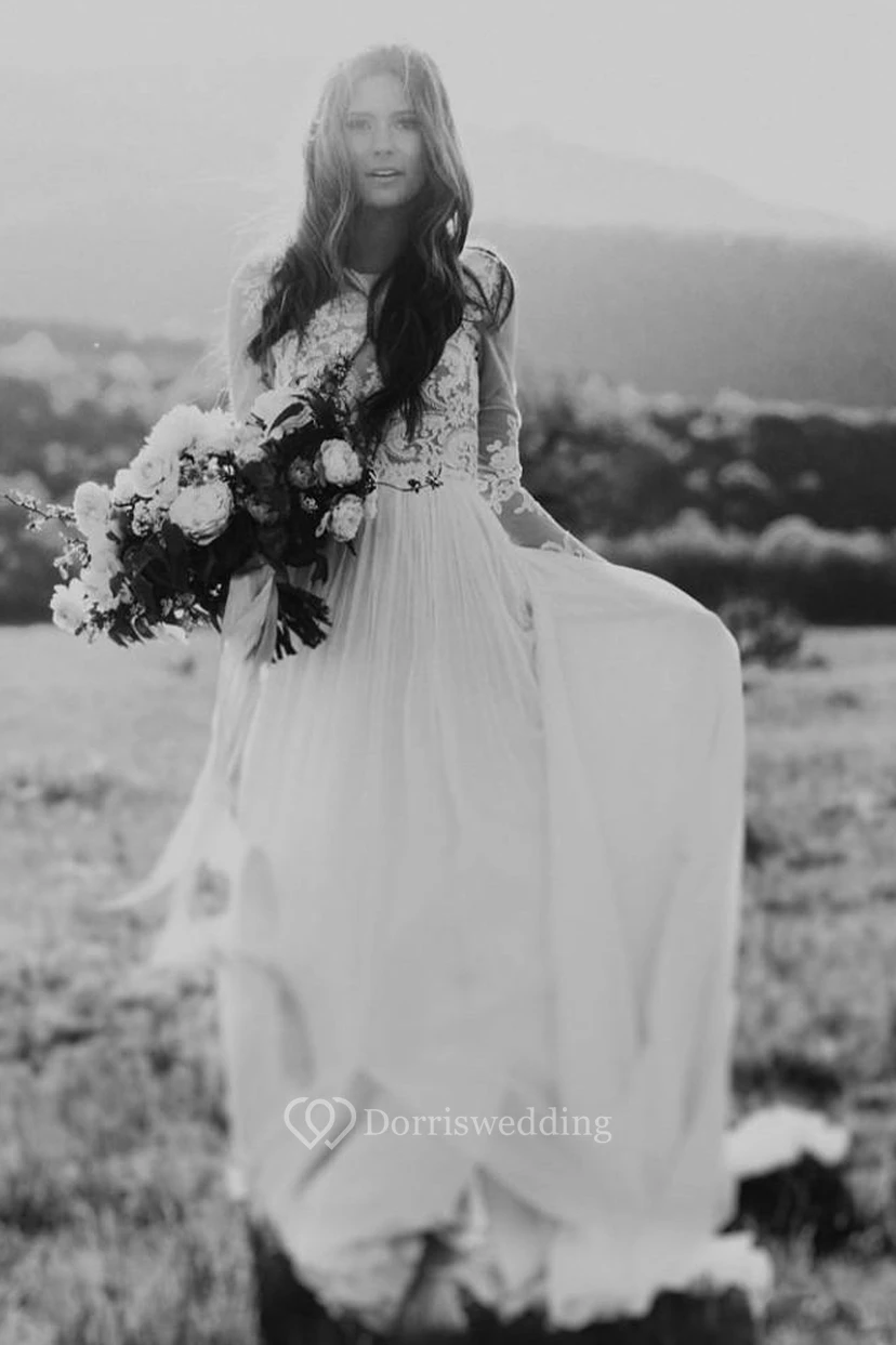 Robe de mariée bohème champêtre | Robe de mariée vintage modeste à manches longues style western pour une fugue amoureuse view 5