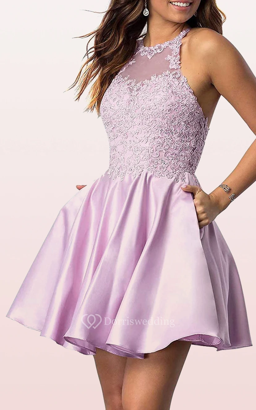 Robe de bal simple mini trapèze sans manches en satin et dentelle avec appliques view 10