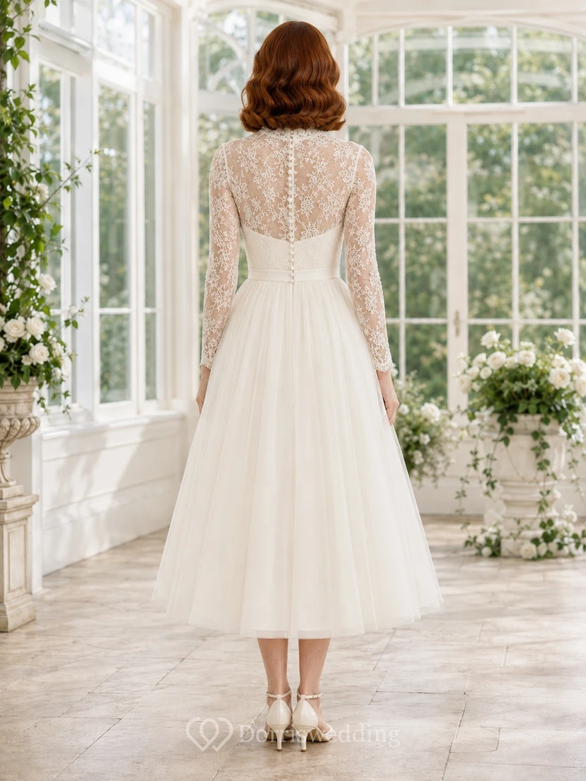 Vintage Teelänge, hochgeschlossen, langärmelig, aus Spitze und Tüll, A-Linie, schlichtes Brautkleid view 2