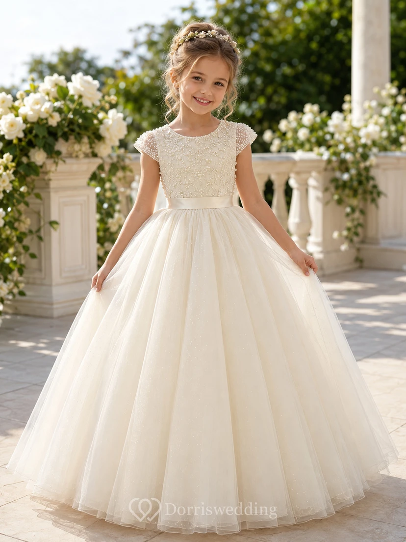 Luxury Tulle Floor-Length Ball Gown Beaded Cap Sleeve Flower Girl Formal Wedding Dress