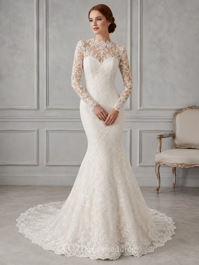 Vestido de novia de corte sirena con cuello alto, encaje ilusión, mangas largas y cola de capilla.