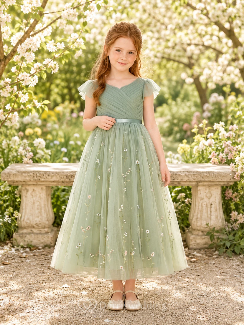 Sage Flower Girl Dress Bohemian Ankle-Length A-Line V-Neck Flutter Sleeve Ruched Tulle Wildflower Embroidery