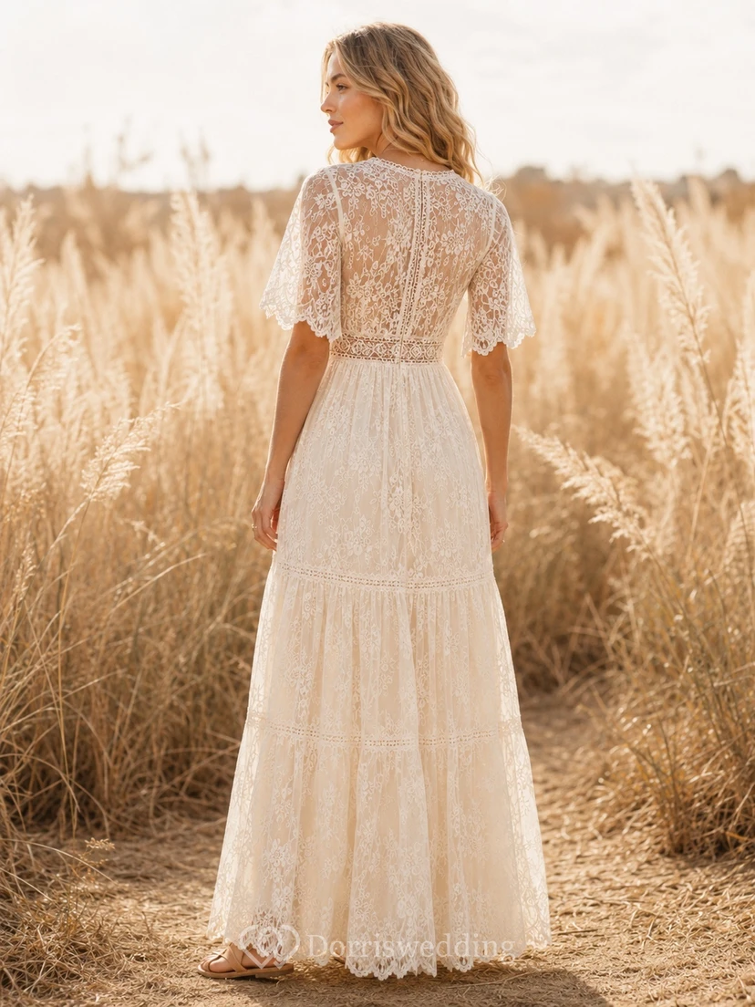 Bohemian Lace Short Sleeve V-Neck A-Line Sweep Train Romantic Bridal Dress view 2