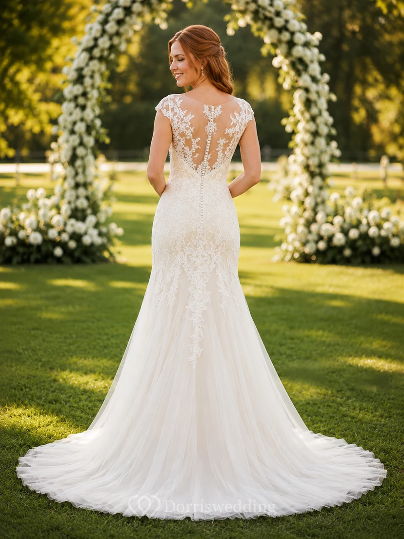 Lace Tulle Wedding Dress Mermaid V-Neck Cap Sleeve Sweep Train Bridal Gown view 2