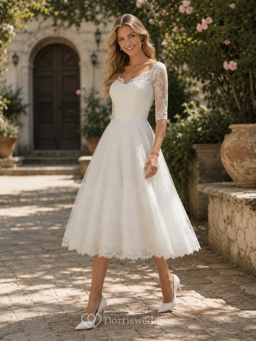 Vestido de novia de corte A con mangas de encaje y largo hasta la rodilla view 5