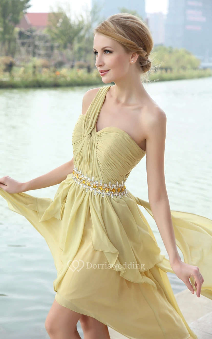 Chiffon High-Low One-Shoulder Dress With Beaded Waistband view 4