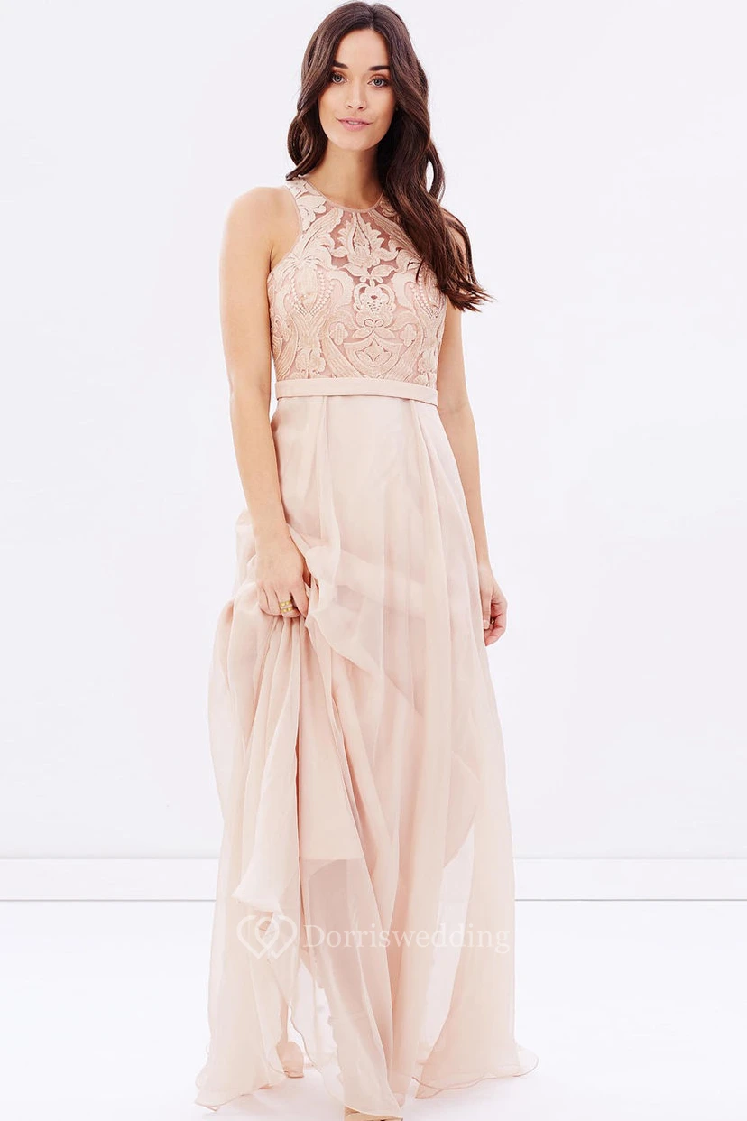 Sheath Sleeveless Appliqued Scoop Neck Chiffon Blush Bridesmaid Dress With Sequins view 3