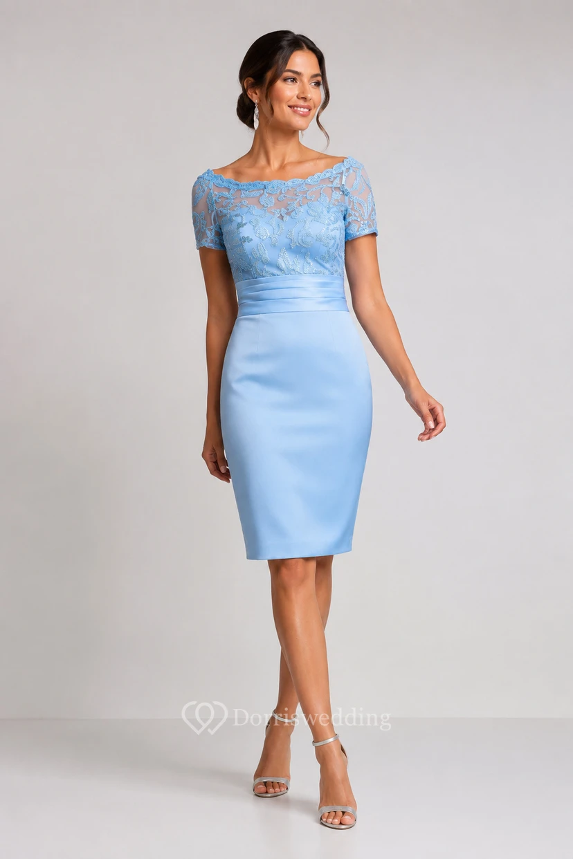 Short-Sleeved Knee-Length Mother Of The Bride Dress With Sequins And Illusion Style view 12