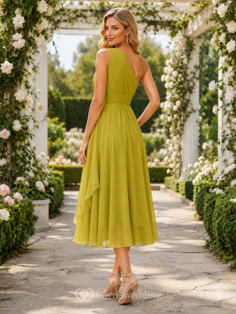Chartreuse One Shoulder Chiffon High Low A Line Garden Wedding Guest Dress view 2