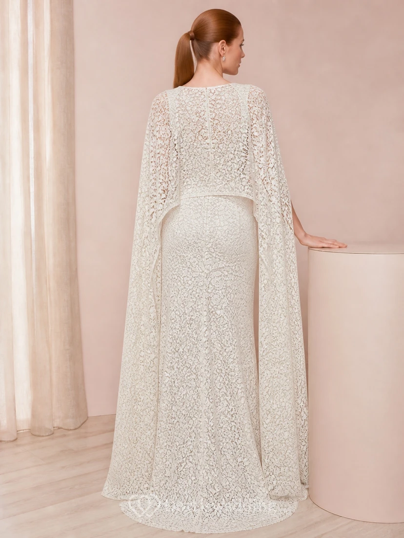 Modest Silver Sheath High Neck Cape Beaded Floor-length Evening Dress view 2