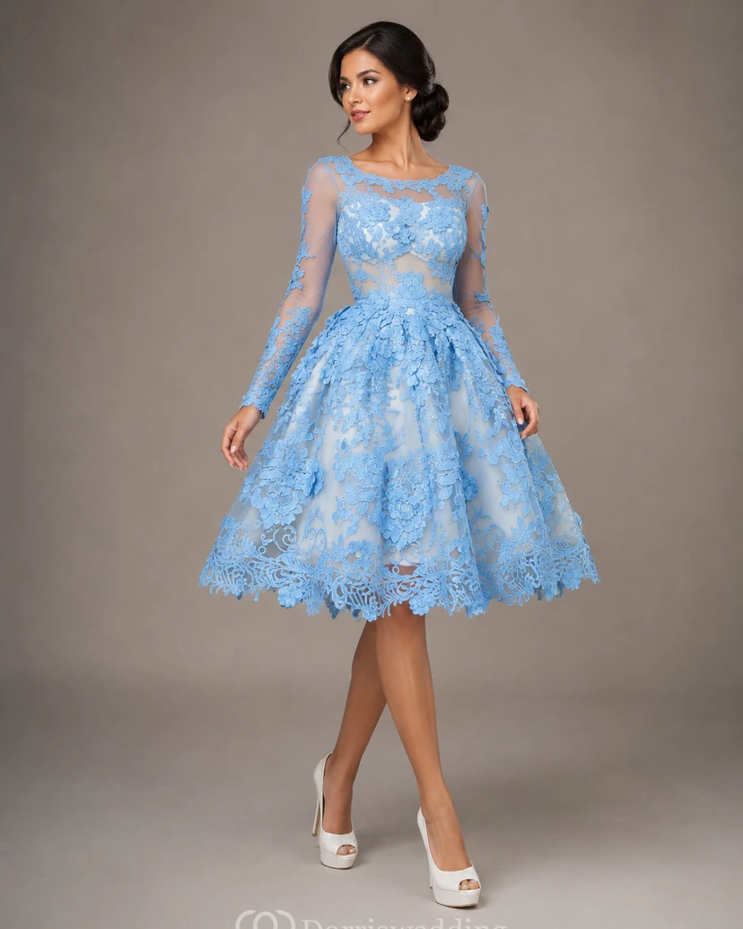 Zartes, ruyalblaues Applikations-Abendkleid mit langen Ärmeln view 15