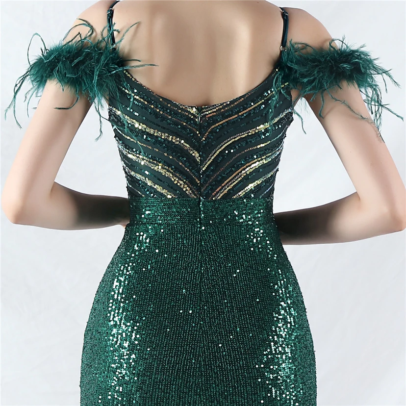 Elegantes Abendkleid mit Straußenfedern und Perlen, sexy, lang, mit Trägern und Schlitz view 56