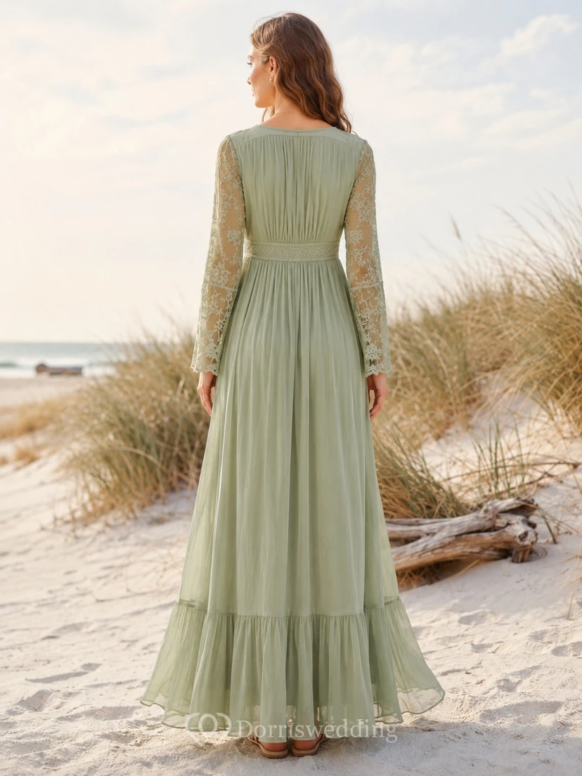 Sage Green V-Neck Long Sleeve Tiered Boho Maxi Dress view 2