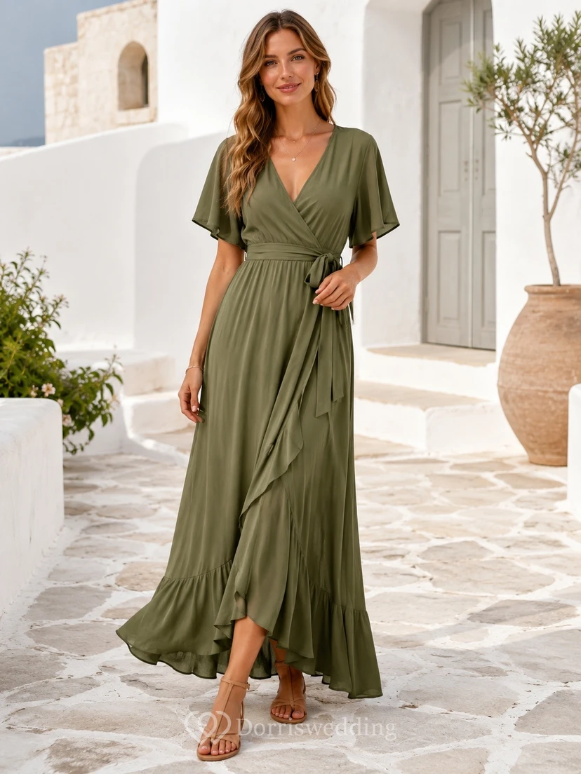 Vestido bohemio largo hasta el suelo, de manga corta y cuello en V, color verde oliva, de punto.