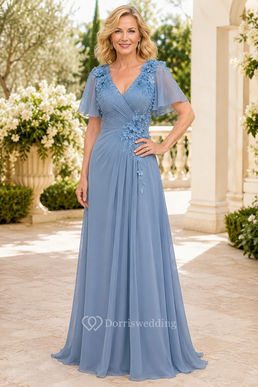 Steel Blue Chiffon A-Line Mother Dress With V-Neck