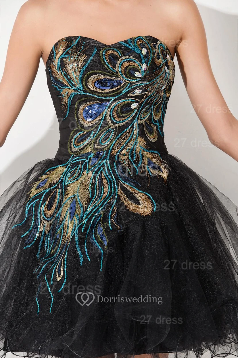 Sexy Black Sweetheart Short Tulle Homecoming Dress Peacock Design view 4
