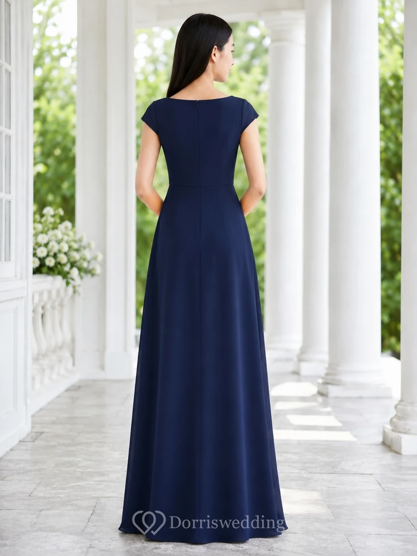 Dark Navy Junior Bridesmaid Dress Sheath Jewel Short Sleeve Cap Chiffon Elegant view 2