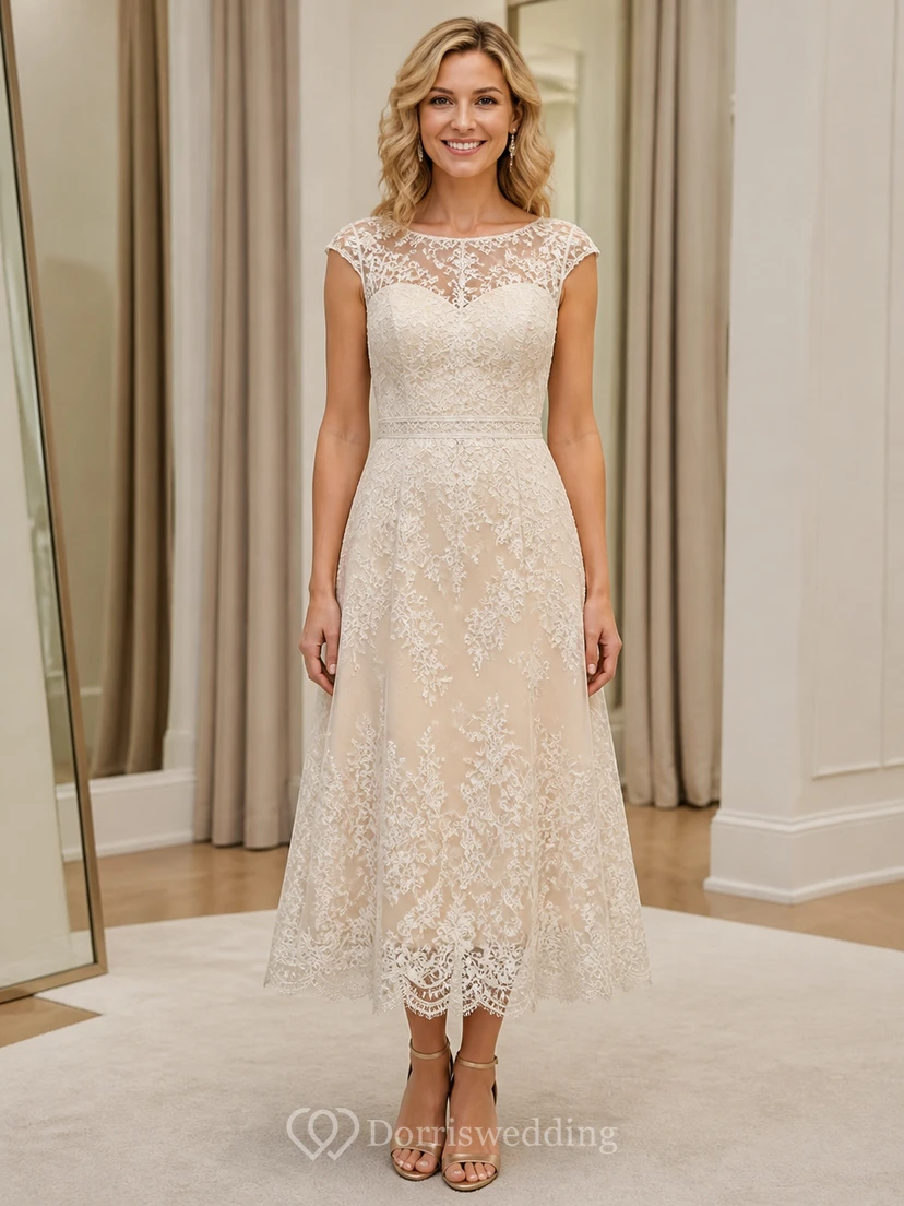 Robe de mère champagne mi-longue, col montant, manches courtes en dentelle, style modeste, à col montant.