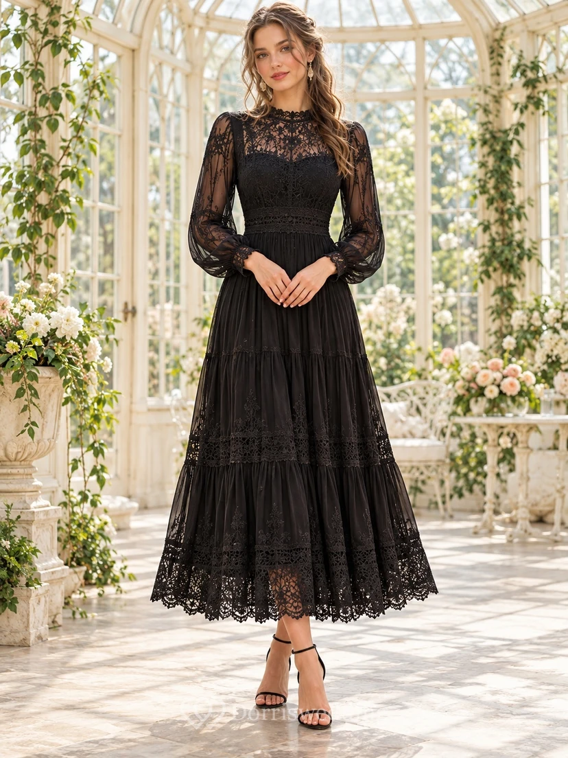 Boho Black High Neck Long Lace Sleeve Midi Guest Dress